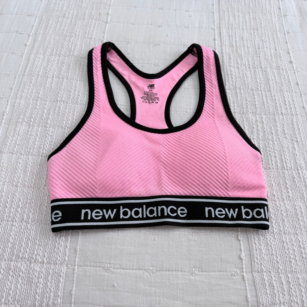 New Balance Sports Bra Womens S Pink Logo Band Racerback Ribbed Chevron